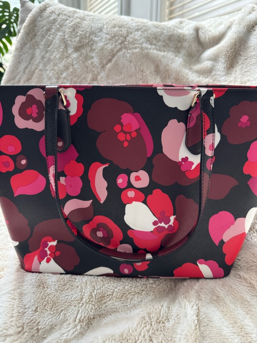 kate spade Black Floral Tote Bag with Pink and Red Accents - Picture 4 of 13
